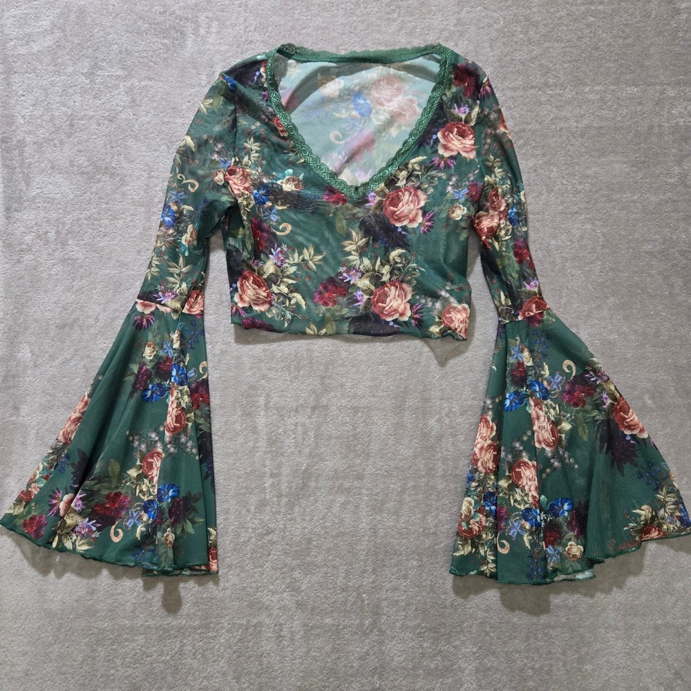 Floral Crop Top Women Small Mesh Bell Sleeve Boho Forest Fairy Grunge Y2K Whimsy